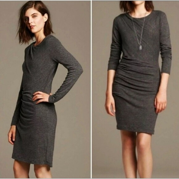 Banana Republic Dresses & Skirts - Banana Republic Bodycon Dress Womens Med Charcoal Gray Ruched Long Sleeve Knit
